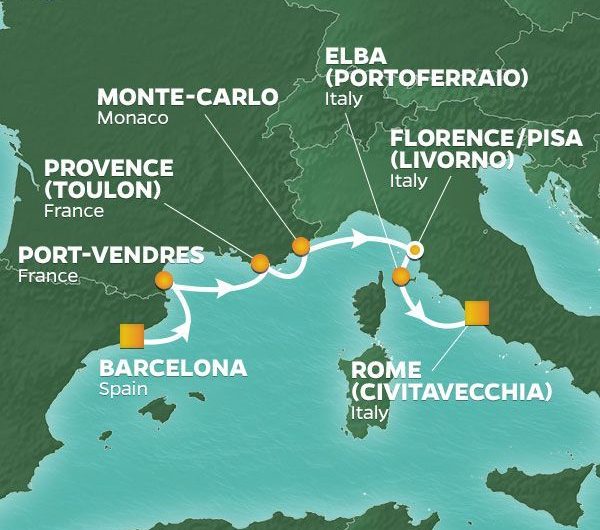 Middellandse Azamara Cruise 2019 route